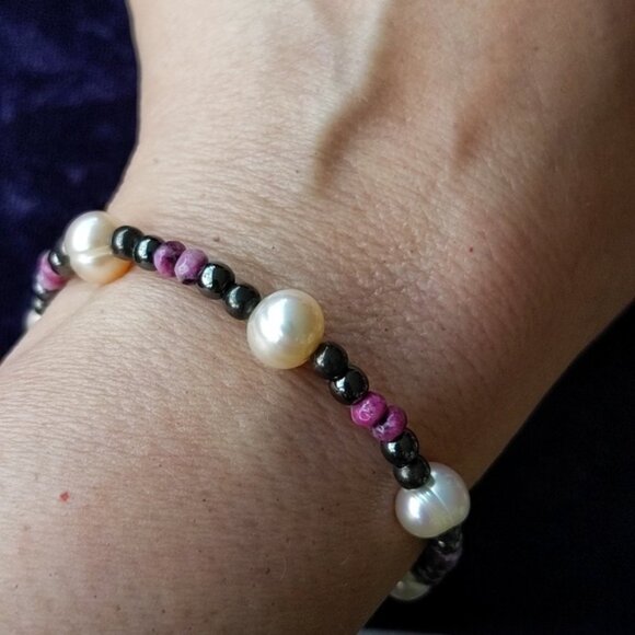 925 Sterling Silver Bracelet With Natural Earth Mined Rubies And Pearls - Picture 3 of 12